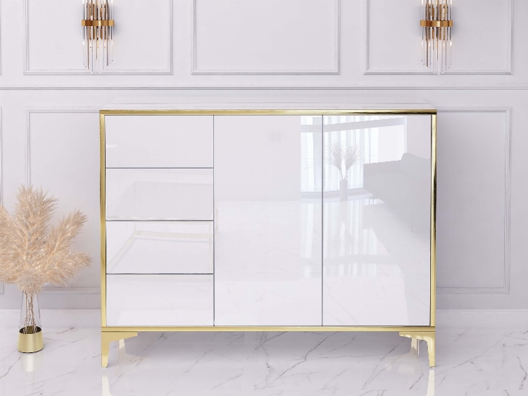 Chest of drawers Monako 118cm - White, Gold